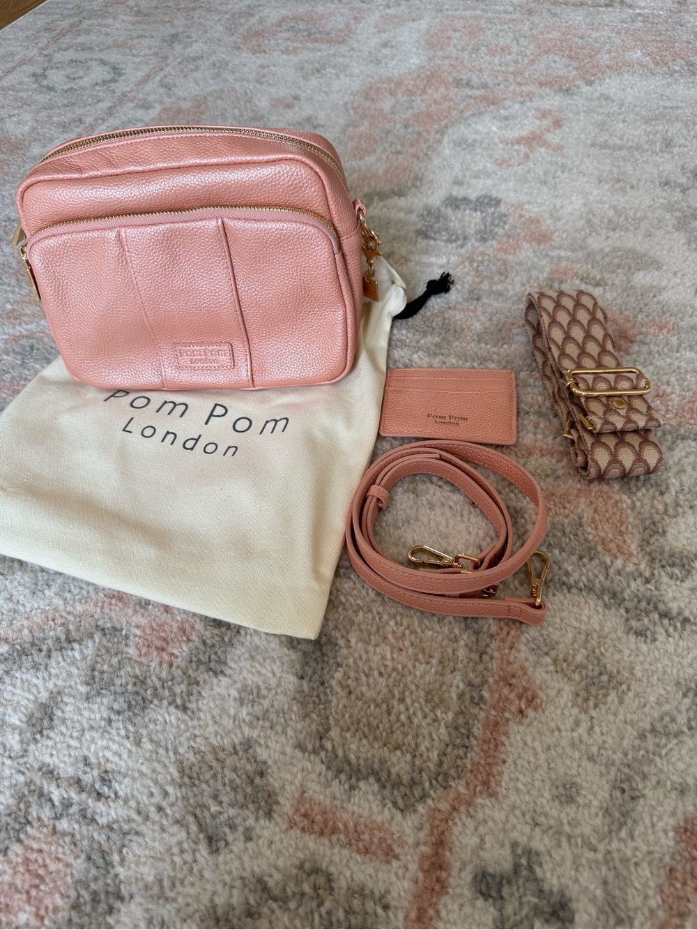 Pom Pom London Pink Pebbled Leather Crossbody Bag with Strap and Cardholder